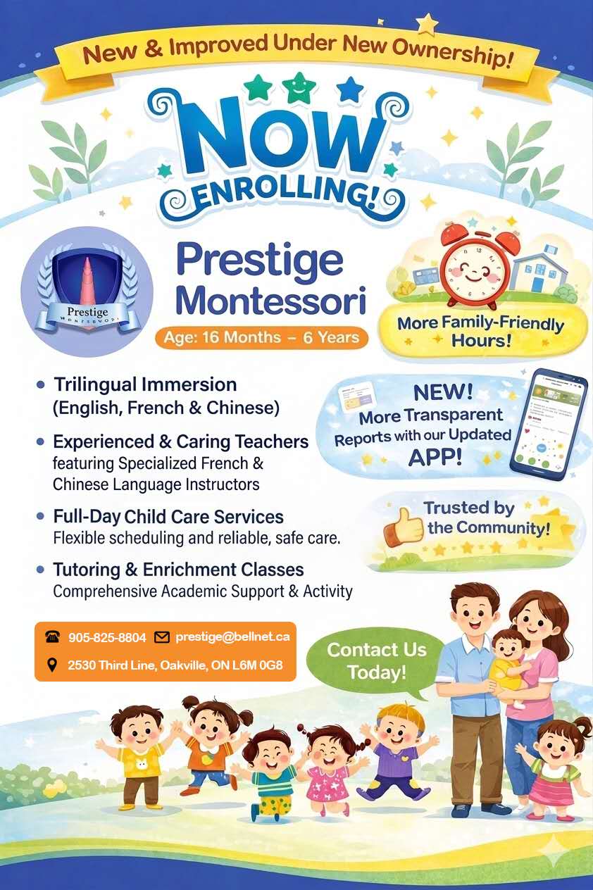 Now Enrolling Prestige Montessori and Daycare Oakville